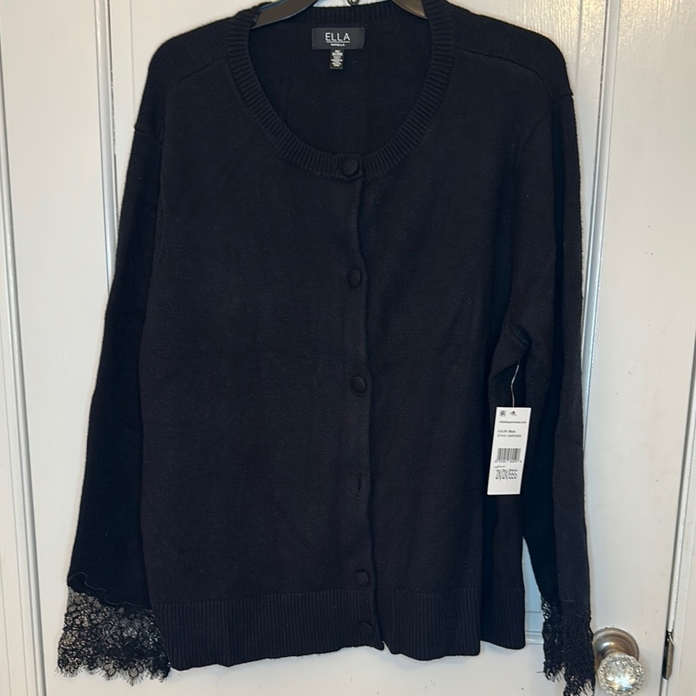 Ella Rafaella Black Sweater Cardigan with Lace Sleeve Cuff‎ size 2X NWT